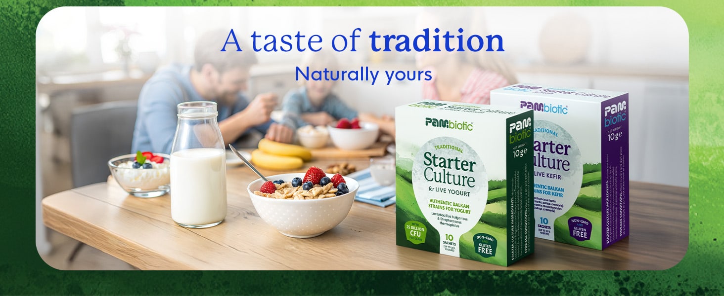 A taste of tradition, naturally yours: a family breakfast with homemade yogurt next to the Pambiotic yogurt and kefir starter boxes.